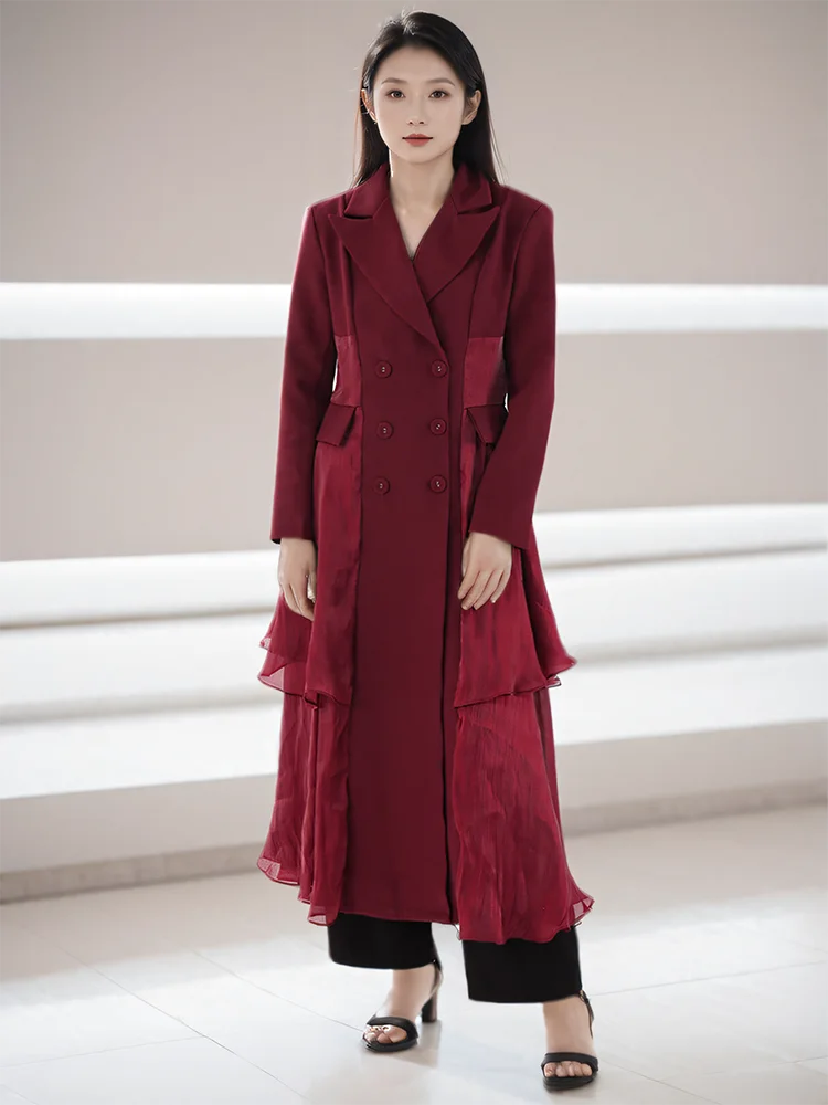 Notched Collar Double Breasted Mesh Patchwork Irregular Trench Coat