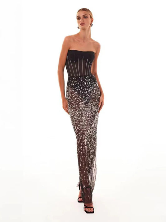 Strapless Sequins Bodysuit Shiny Beaded Mesh See Through Maxi Skirt Set