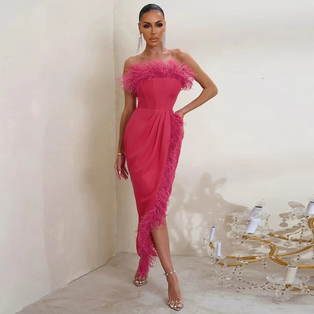 Strapless Feather Tight Split Bandage Maxi Dress