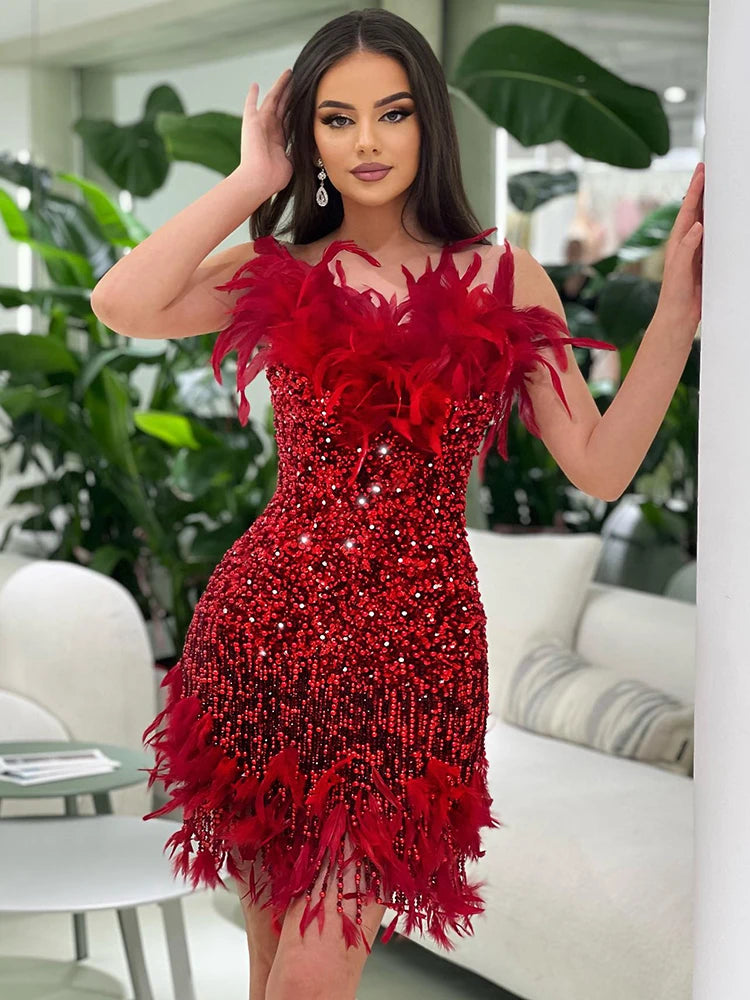 Strapless Sleeveless Feather Sequins Prom Short Evening Mini Dress