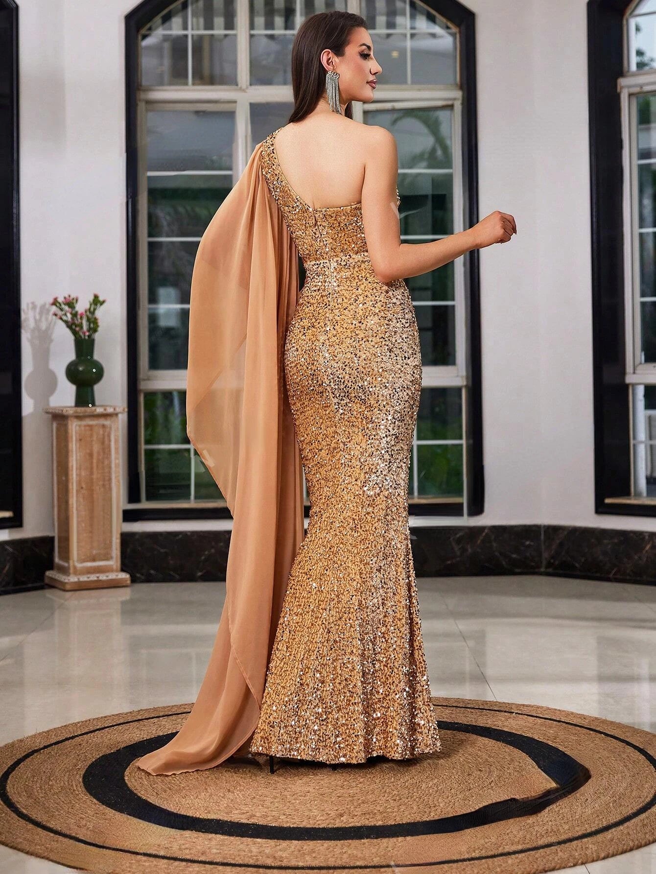 One-Sleeve Asymmetrical Sequin Embellished Gown Maxi Dress