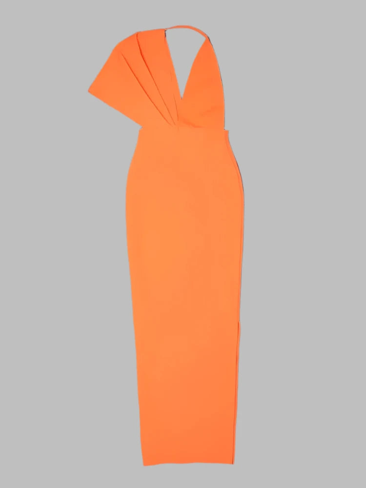 Plunge V Neck Asymmetrical Backless Halter Bandage Maxi Dress