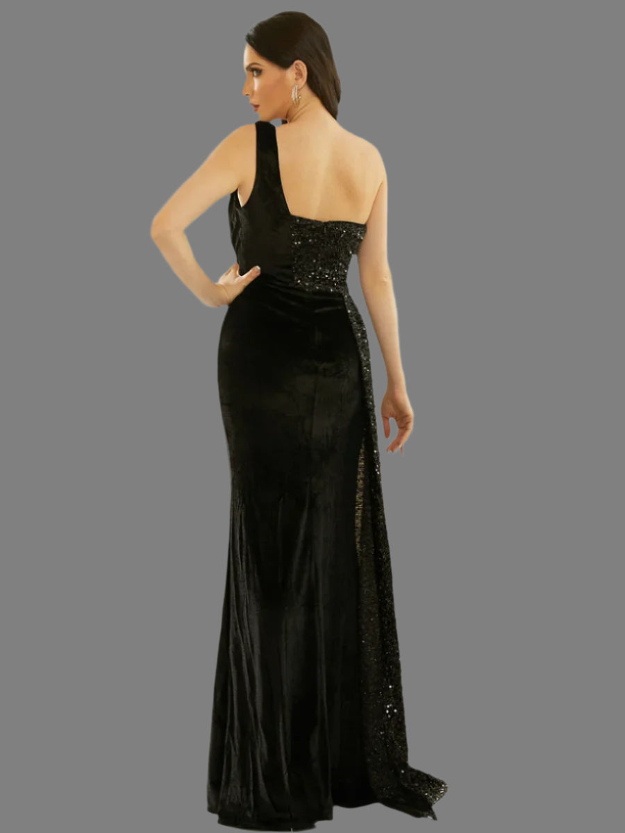 One Shoulder Chic Draped Sequin Panel Velvet Split Prom Maxi Dress