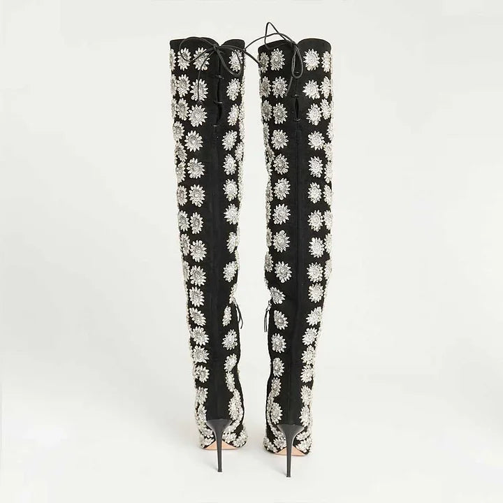 Crystal Print Pointed Toe High Heel Over the Knee Boots