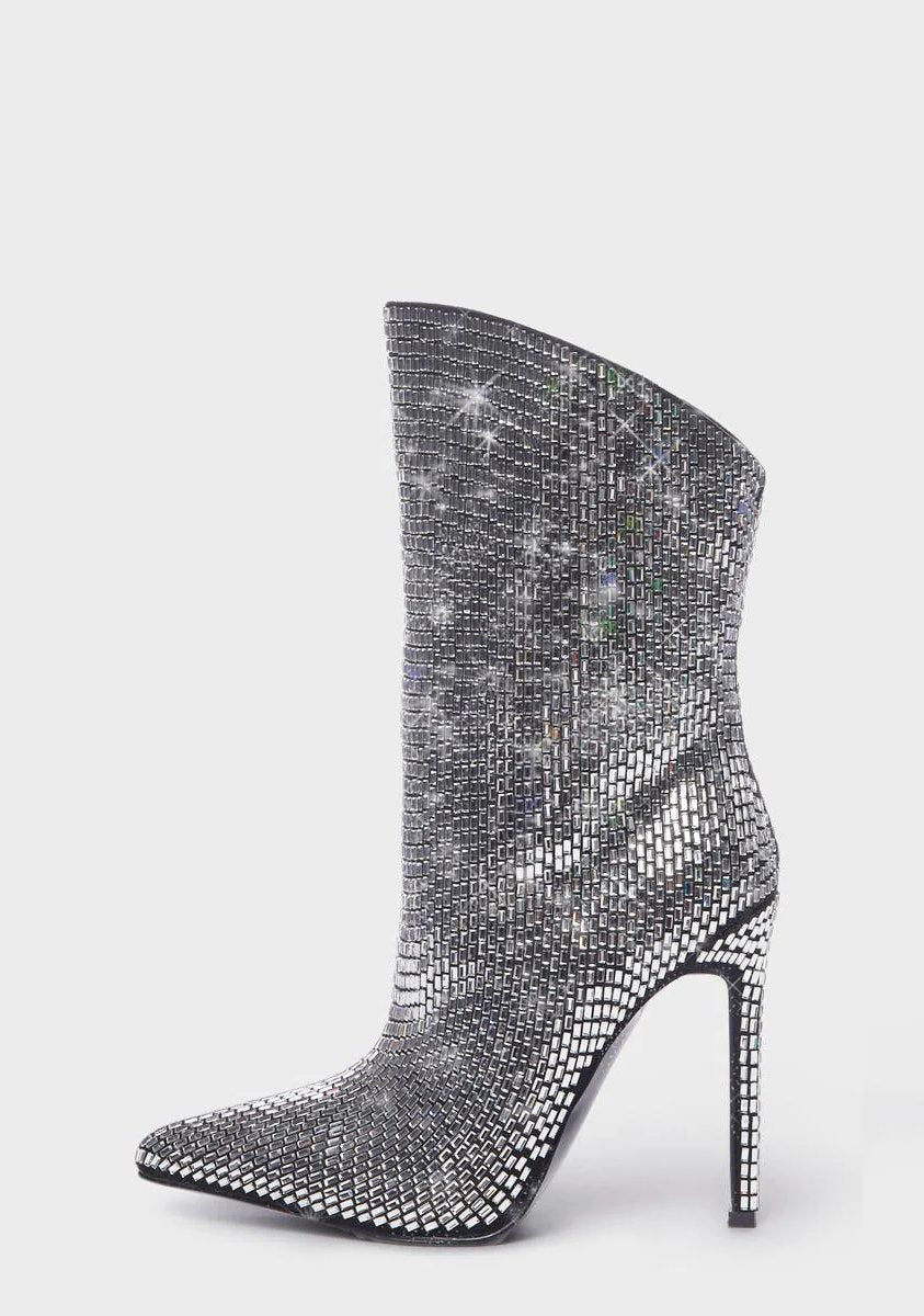 Pointed Toe Mid-Calf Full Cover Rivet Diamonds Thin High Heel Boots