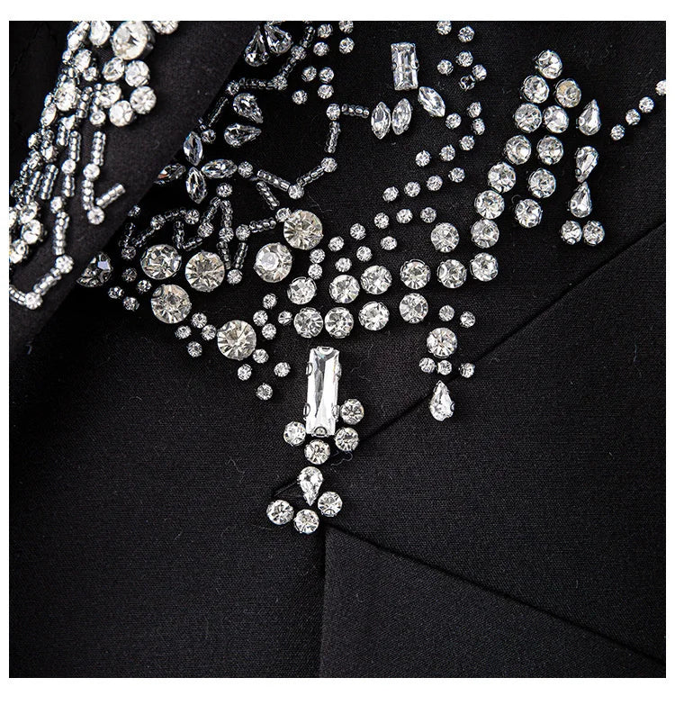 Irregular Rhinestone Single Button Feather Spliced Sleeve Blazer