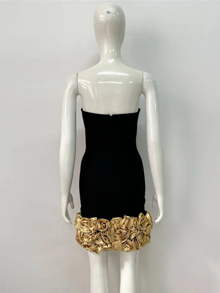 Strapless Gold 3D Flowers Sleeveless Backless Floral Bandage Mini Dress