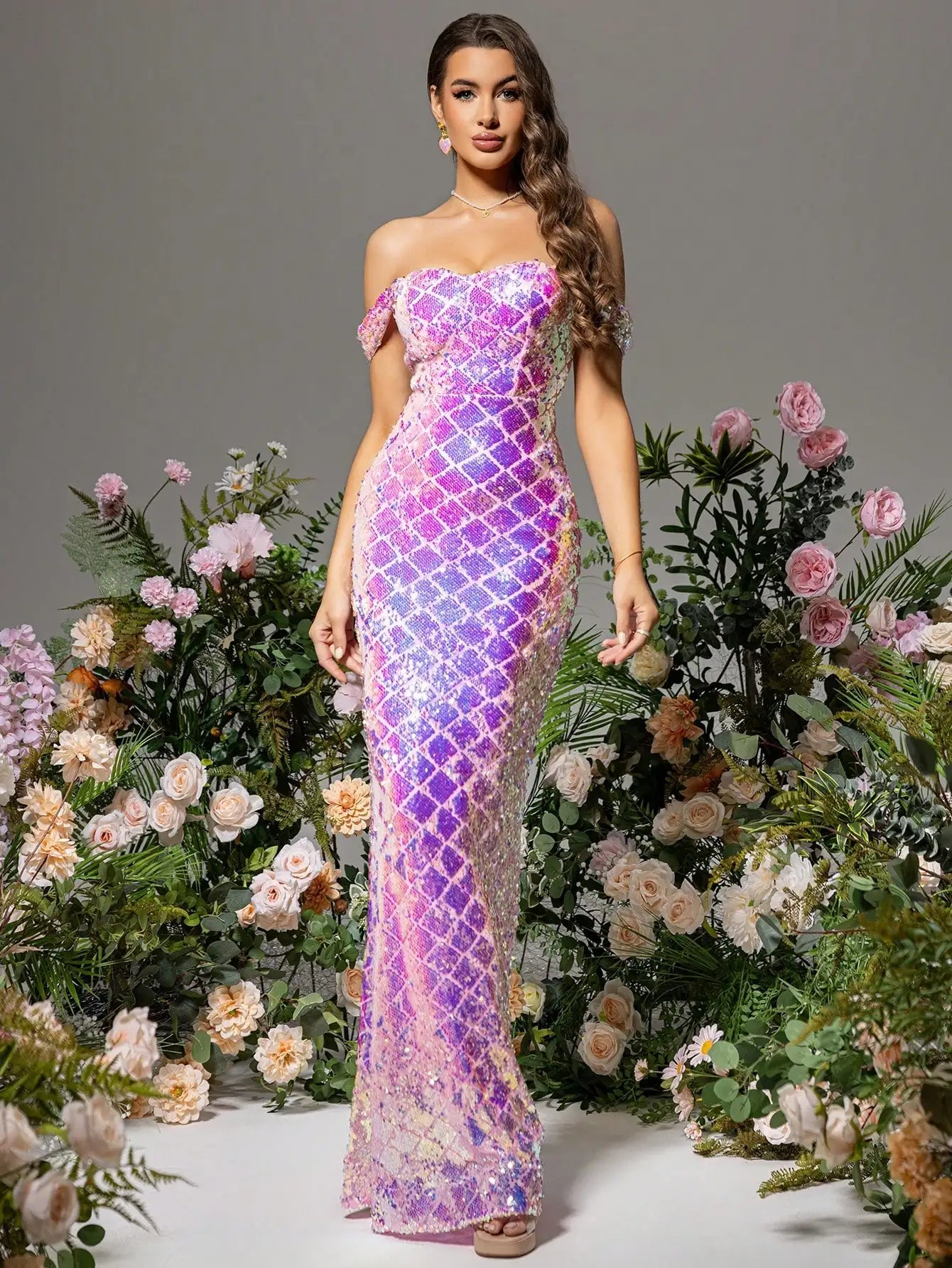 Off Shoulder Colourful Plaid Sequins Glitter Mermaid Maxi Dress