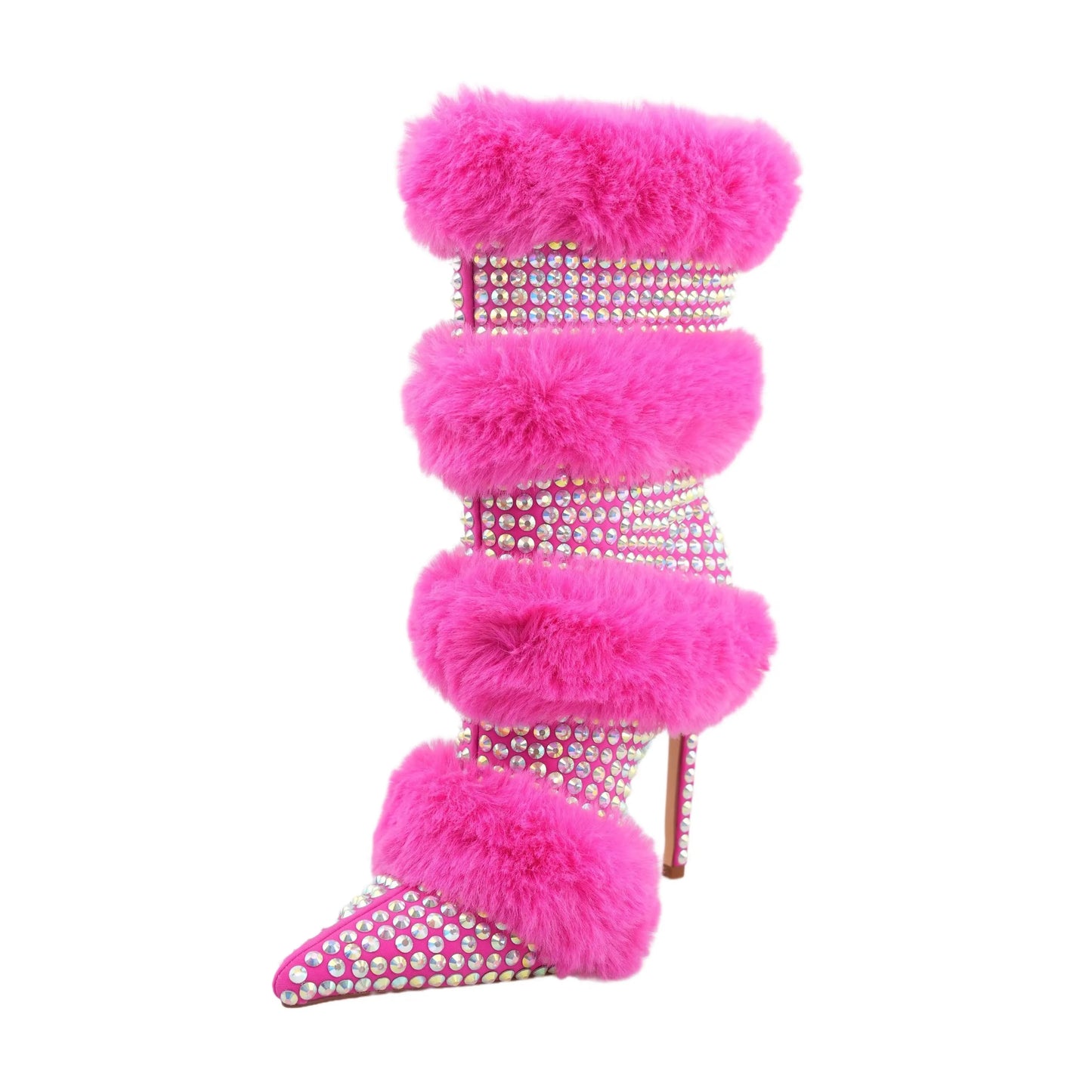 Shining Rainstone Fur Zip Up Pointed Toe Thin High Heels Boots