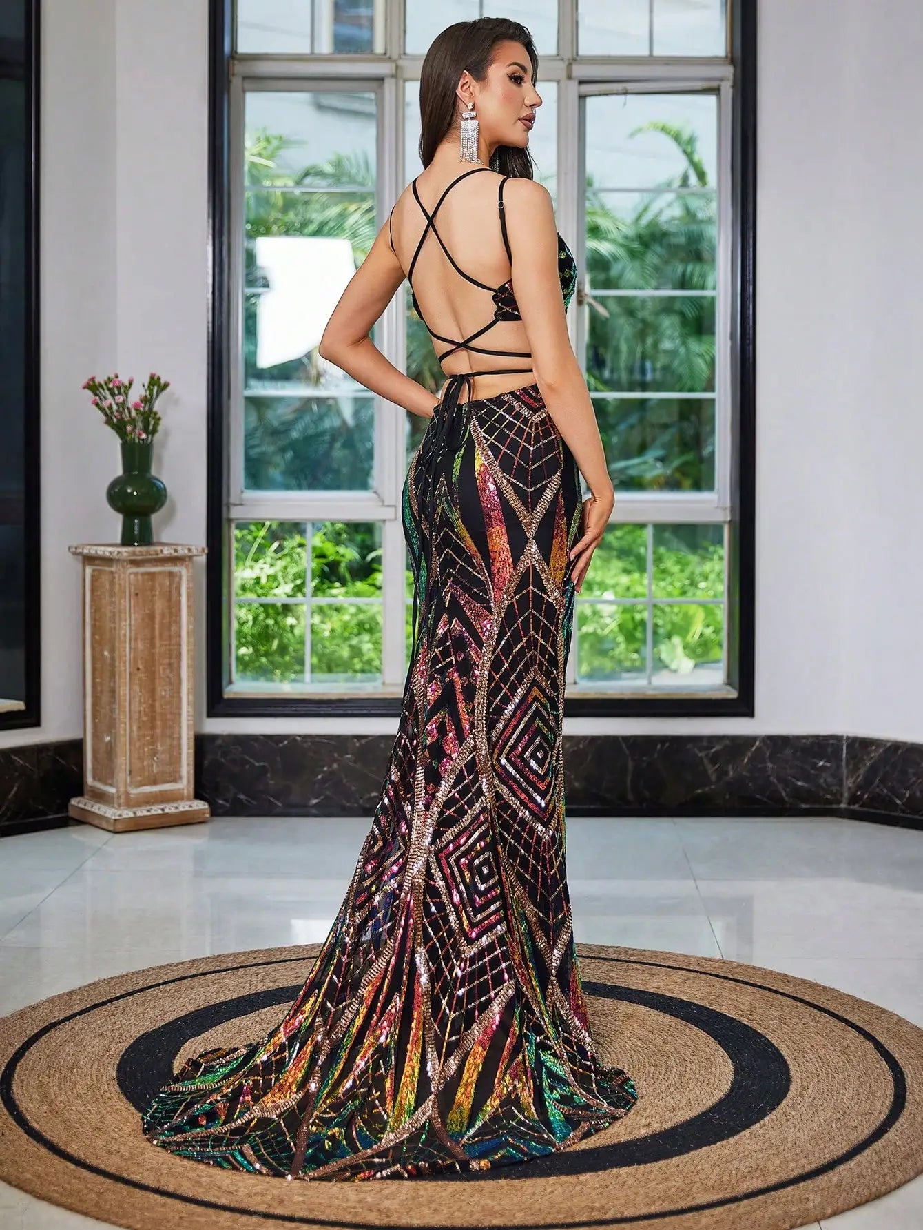 Spaghetti Strap Backless Germanic Patterned Sequin Maxi Formal Dress