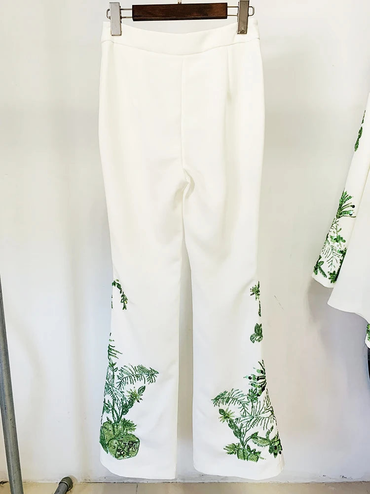 Long Sleeve Stunning Beaded Blouse Tops Flare Trouser Set