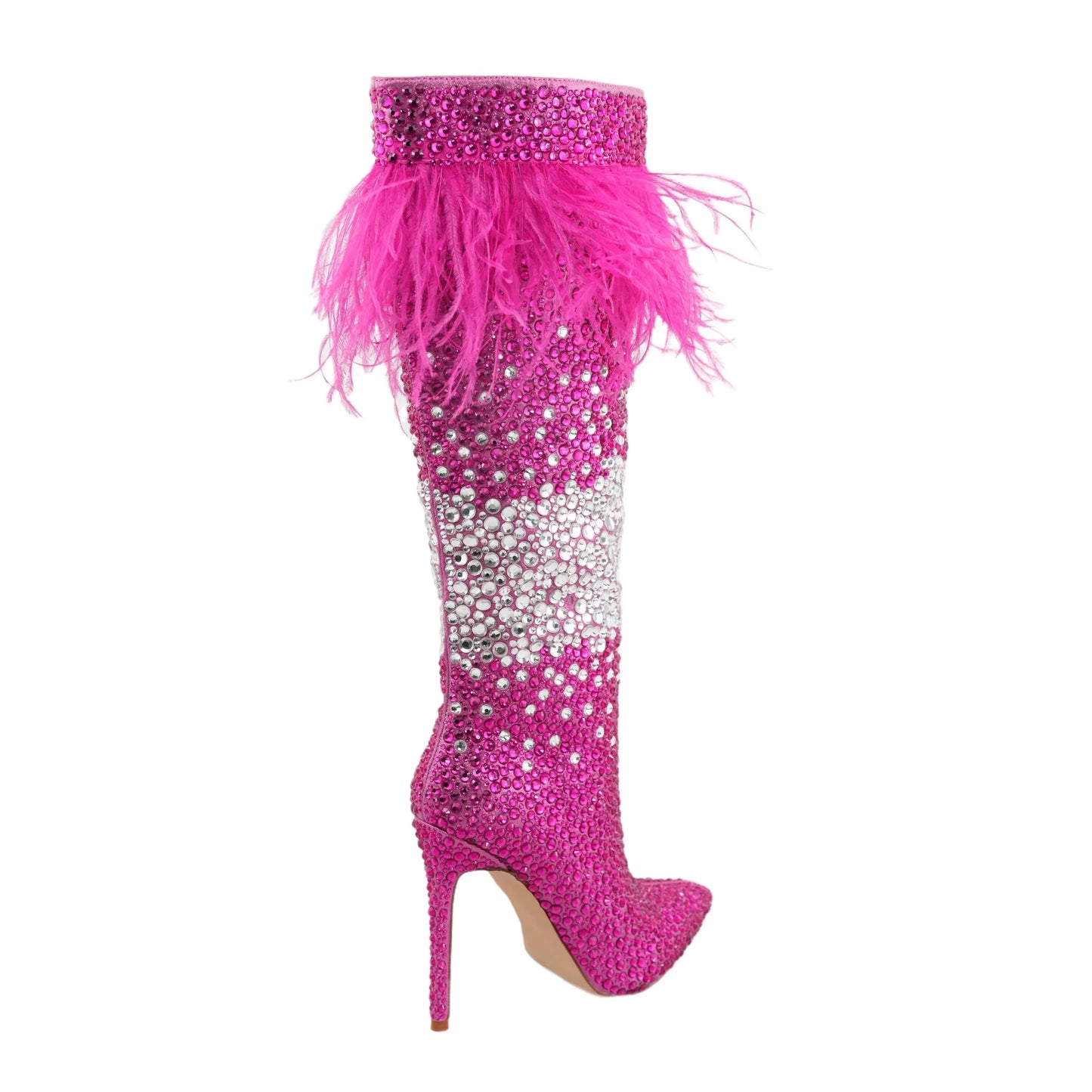 Crystal Fur Decor Pointed Toe Thin High Heels Knee High Boots