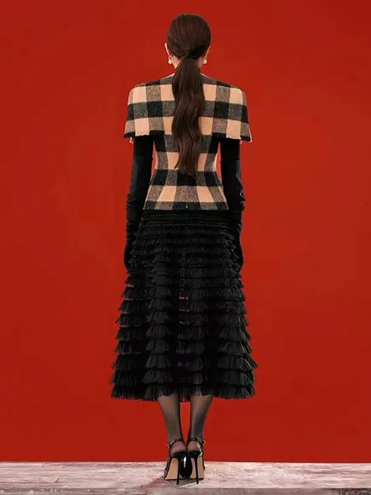 V Neck Pullover Plaid Woollen High Collar Bottom Tops Mesh Tassel Mid Skirt Sets