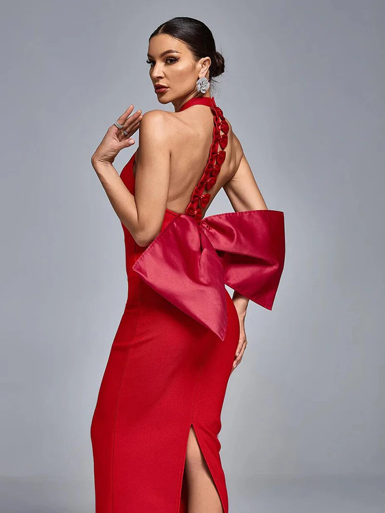 Halter Neck Backless Bow Decor Sleeveless Bandage Maxi Dress