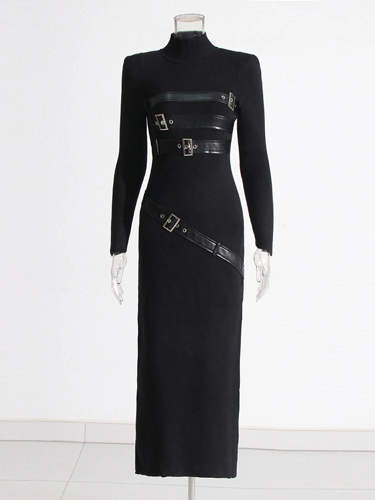 Spliced Belt Split Stand Collar Long Sleeve High Waist A Line maxi Dress