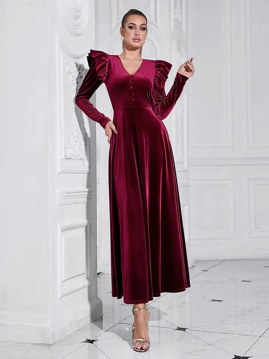 V Neck Ruffles Long Sleeve Velvet Button Slim A line Maxi Dress