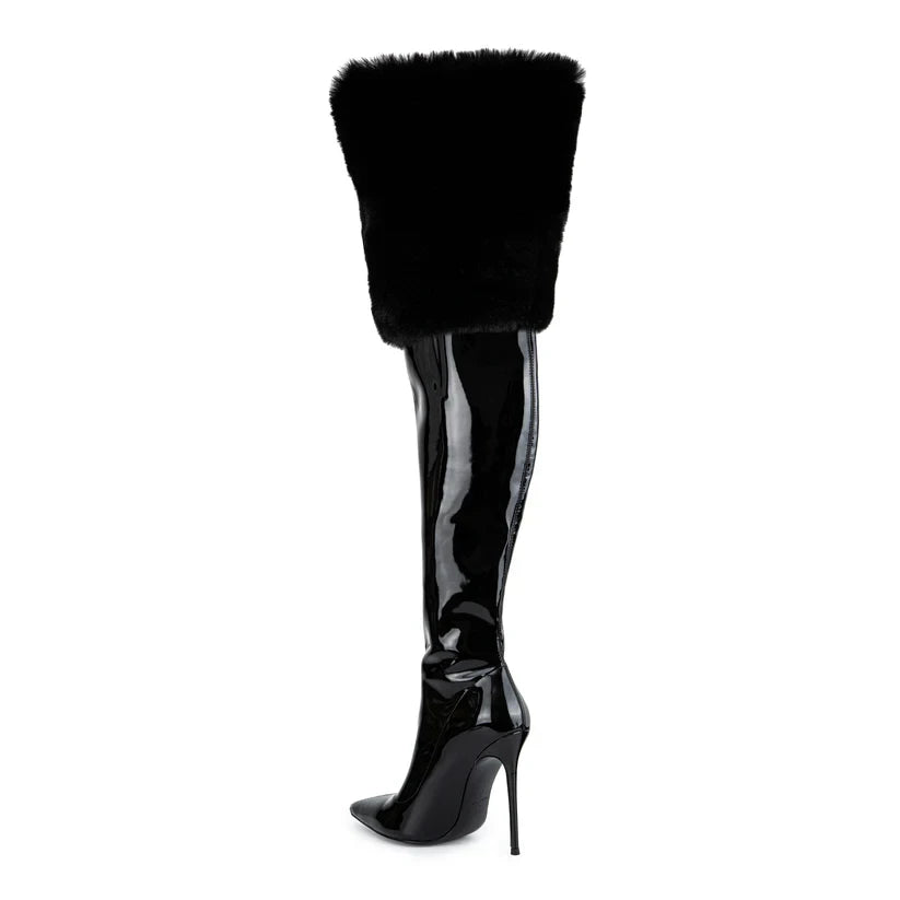 Pu Leather Pointed Toe Fur Patchwork High Heels Over The Knee Boots