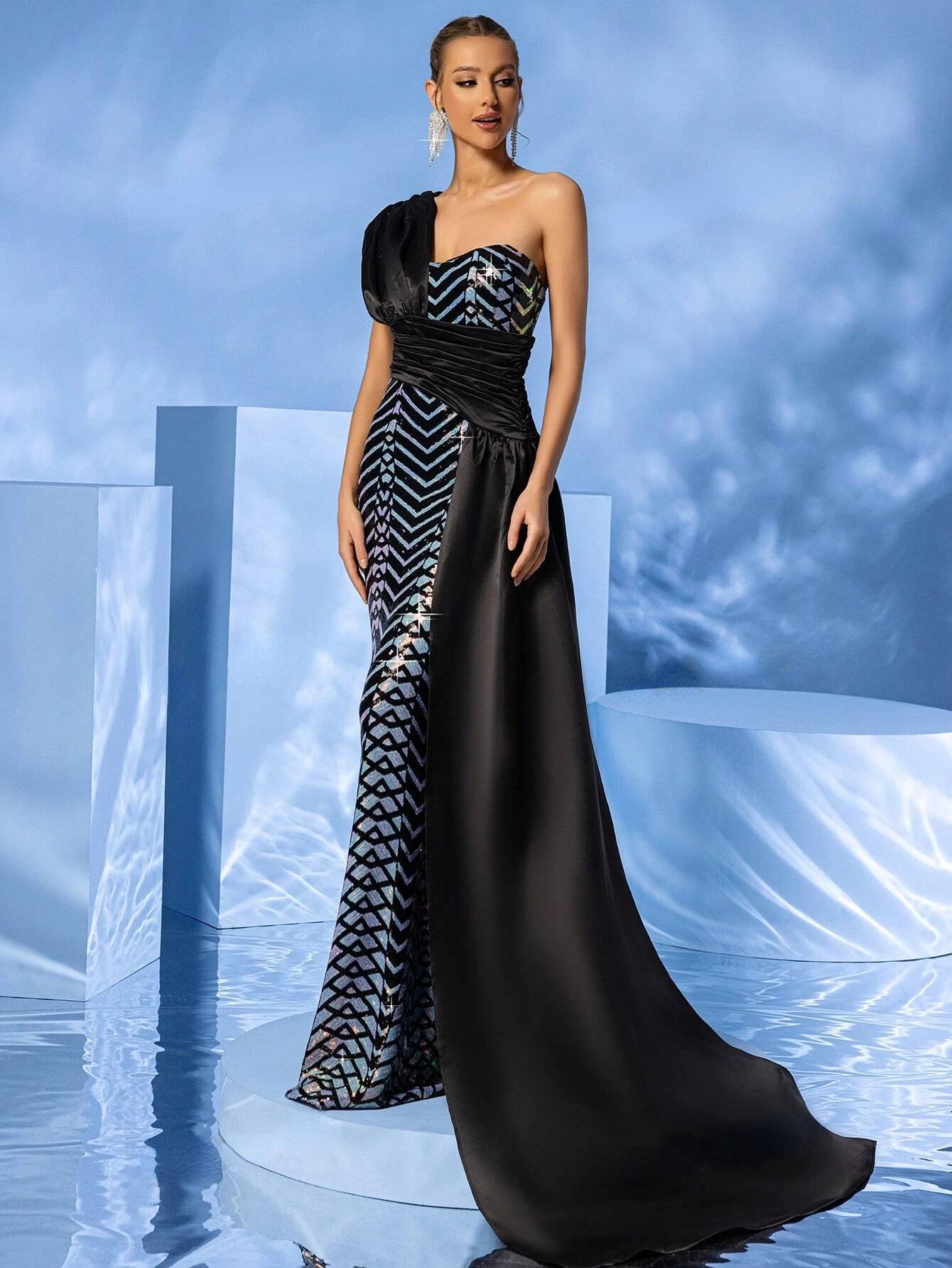 One-Shoulder Draped Geometric Sequin Mermaid Hem Maxi Dress