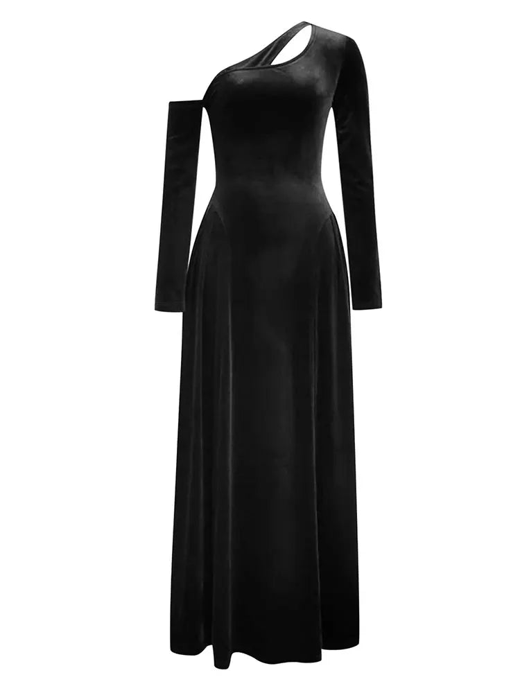 Velvet Slant Neck Long Sleeve Loose Hundred pleats Maxi Dress