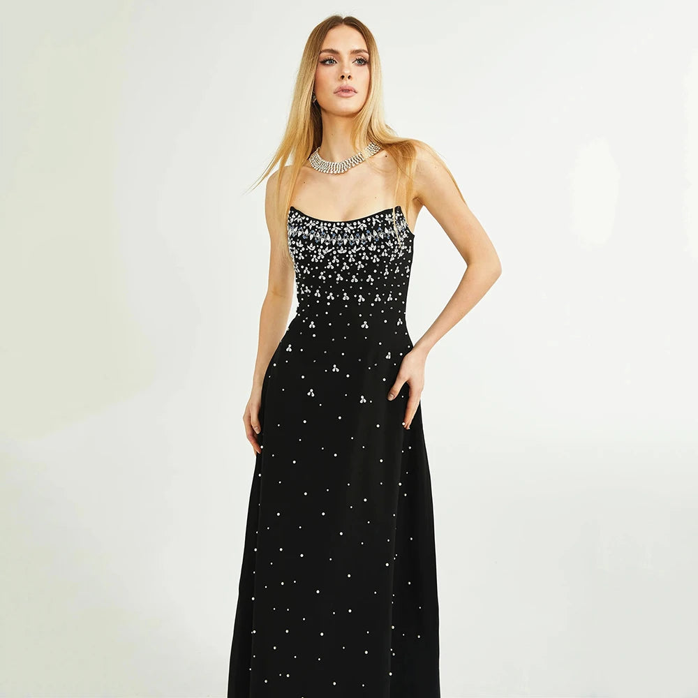 A-line Strapless Crystal Diamond Pearl Bra Maxi Dress