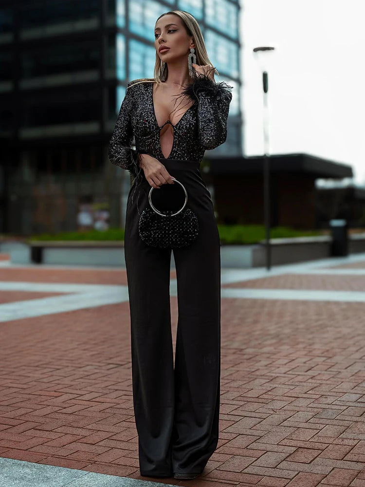 Feather Patchwork Long Sleeves V Neck Sequin Jumpsuit