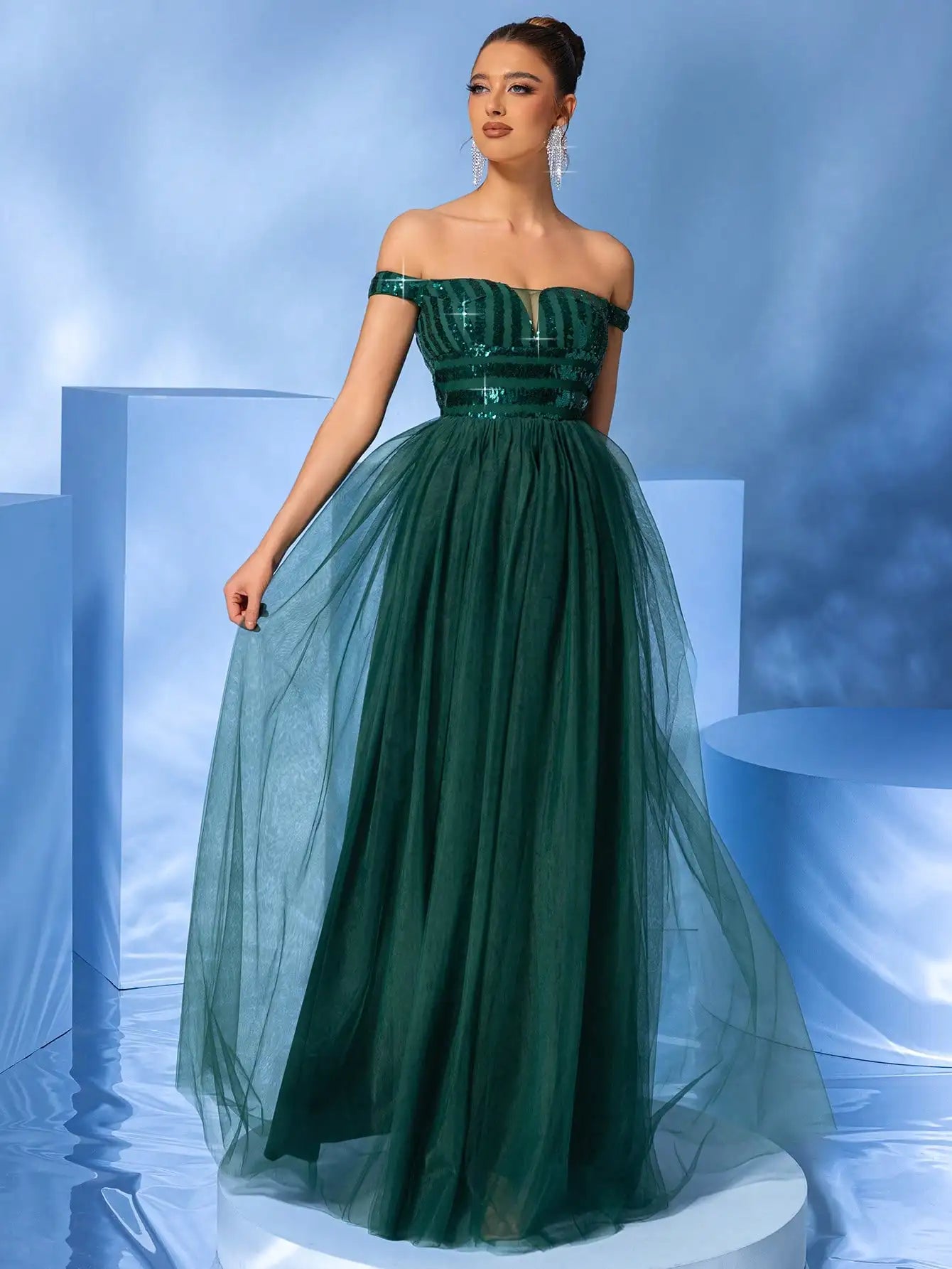 Off-Shoulder Green Sequined Mesh Evening Party Maxi Dress