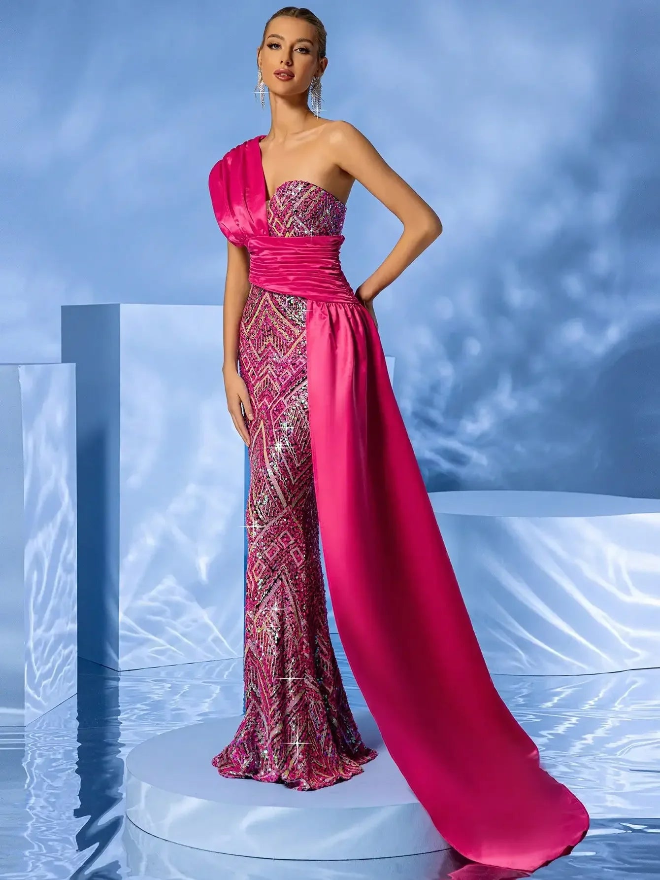 Sleeveless One-Shoulder Pink Sequined Trimmed Draping Hem Maxi Dress