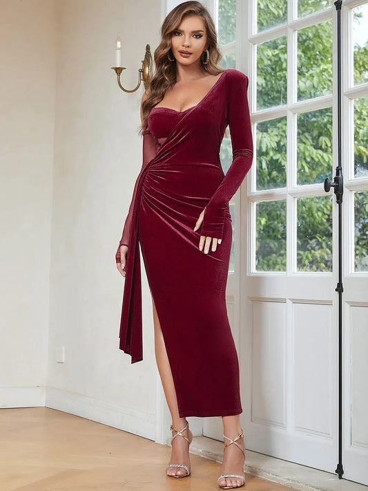 Diagonal Neck Long Sleeve Panel Draped Split Velvet Mid Dress