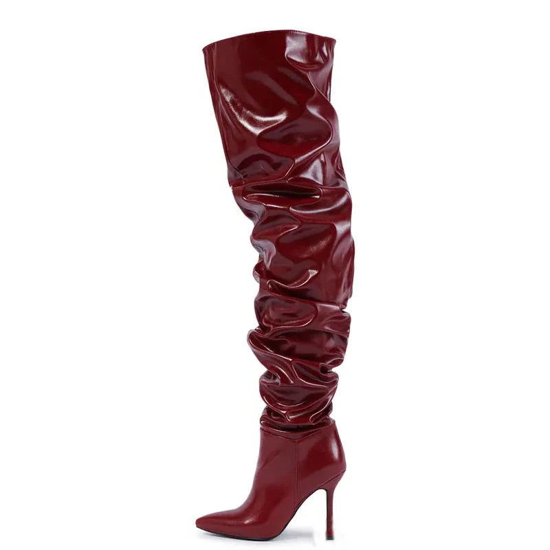 Pleated Patent Leather Pointed Toe Heels Pumps Over The Knee High Boots