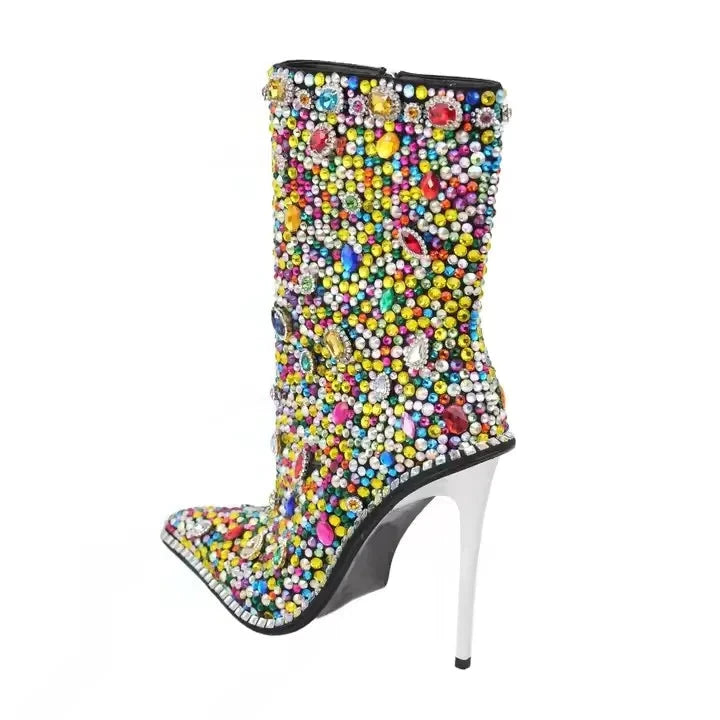 Banquet Pointed Toe Colourful Shiny Rhinestones Thin High Heels Ankle Boots