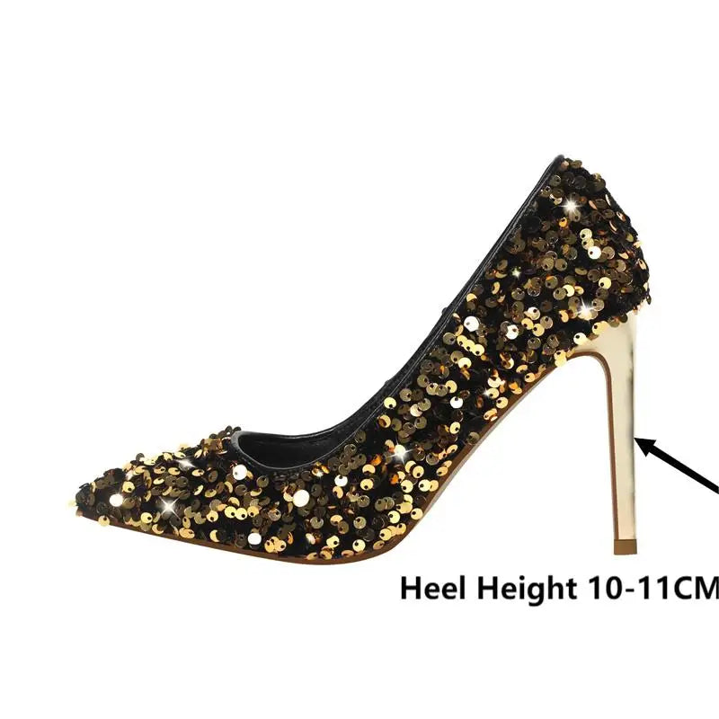 Pointed Toe Sequined Cloth Slip On Pumps Thin High Heel Shoes