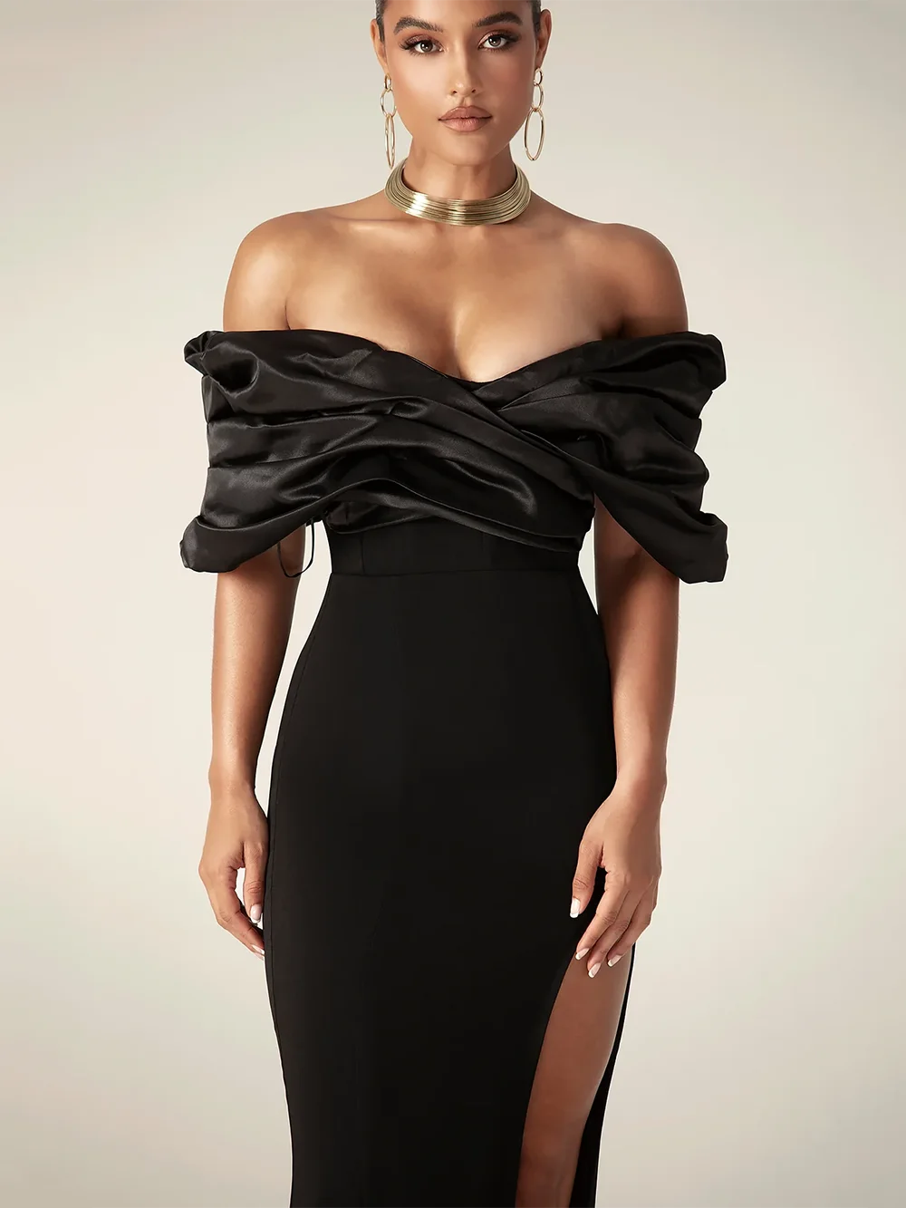 Satin Off Shoulder Formal With Side Split Gowns Prom Maxi Dress