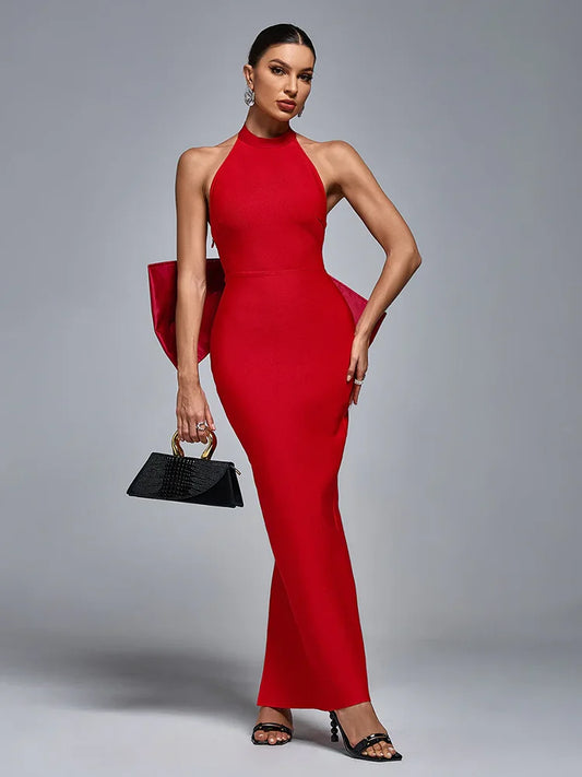 Halter Neck Backless Bow Decor Sleeveless Bandage Maxi Dress