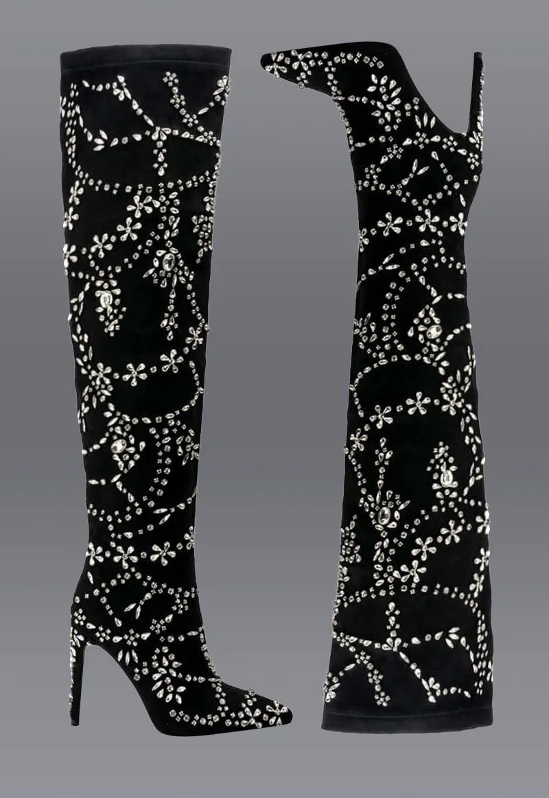 Rhinestone Flock Thigh High High Heels Over The Knee Boots