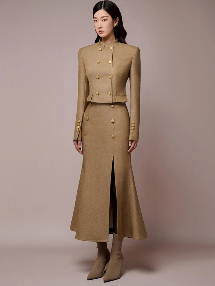 Double Buttoned Short Coat Trumpet Pleated Slit Mid Skirt Set