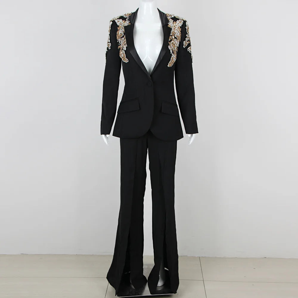 Rhinestone Flower Decor Blazer Waist Retraction Split Flare Trouser Set