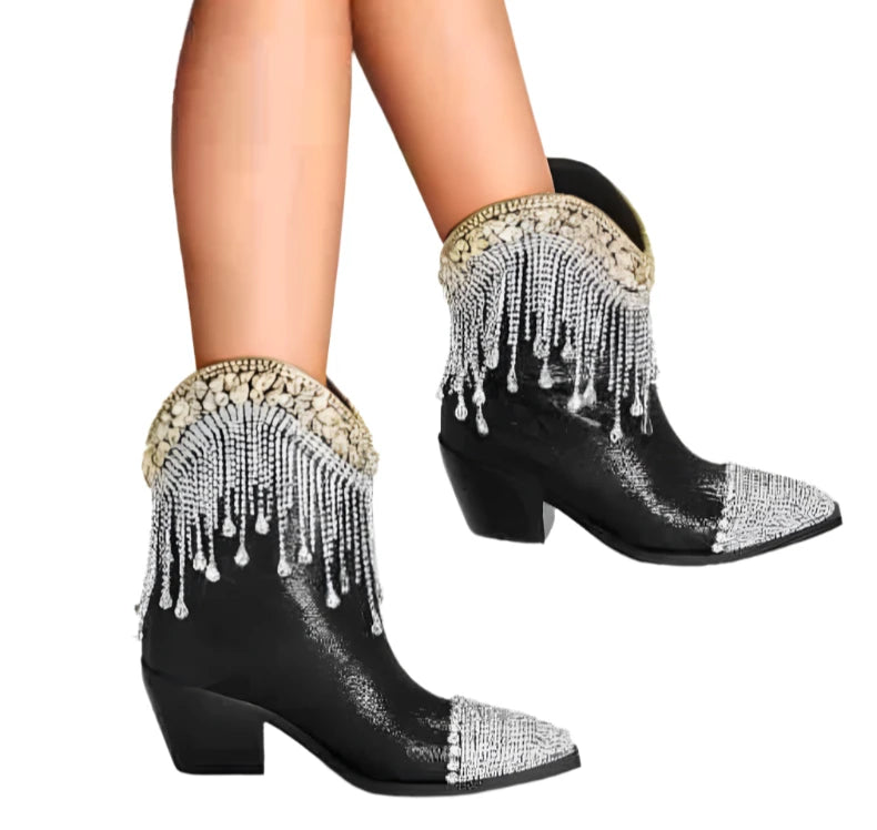 Rhinestone Diamond Tassel Pointed Toe Square Heel Ankle Boots