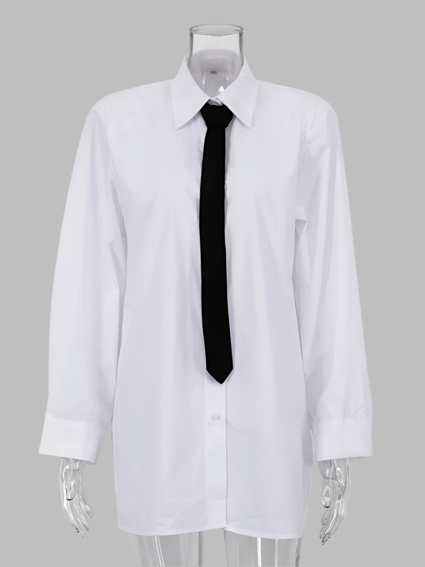 Loose Cotton With Tie Formal Lapel Long Sleeve Mini Shirt Dress