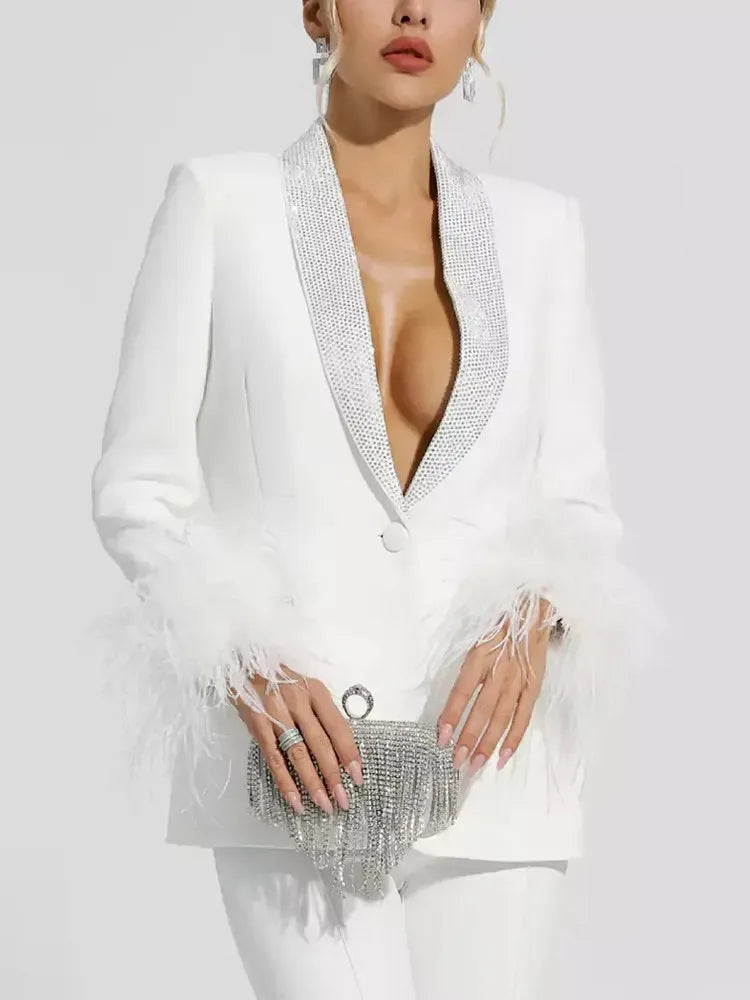 Shawl Collar Detachable Feathers Long Sleeve Patchwork Diamonds Blazers