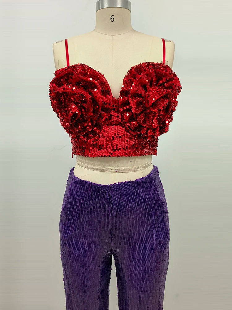 Flower Lace-up Crop Top Sequin High Waist Trouser Set