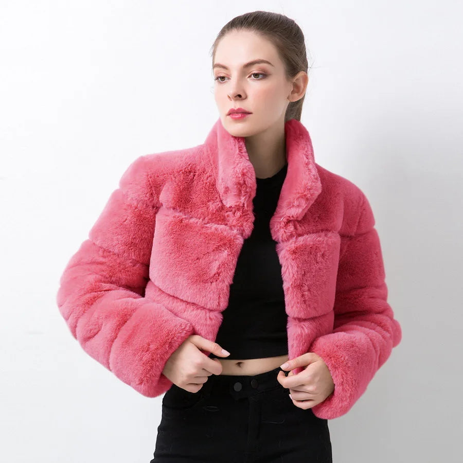 Stand Collar Covered Long Sleeve Thick Warm Faux Fur Mini Coat