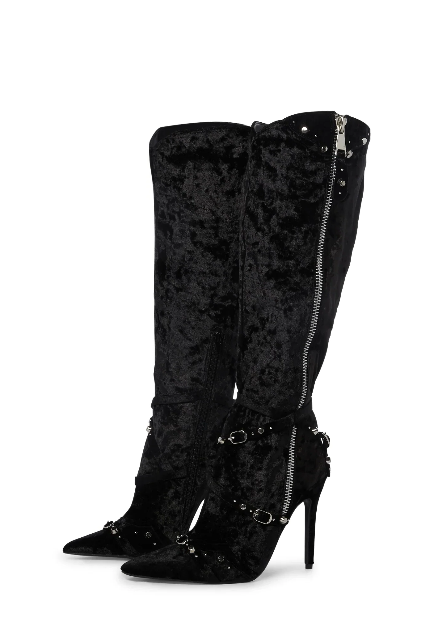 Buckle Strap Decor Pointed Toe High Heels Zipper Knee High Boots