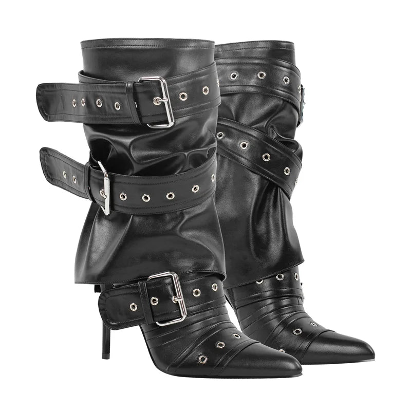 Zipper Thigh High Pointed Toe Buckle Strap Thin High Heel Boots