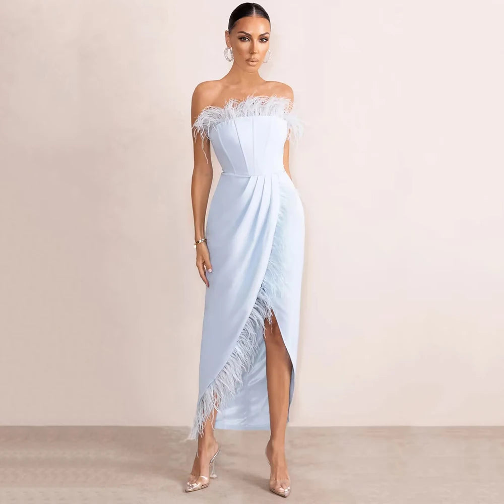 Strapless Feather Tight Split Bandage Maxi Dress