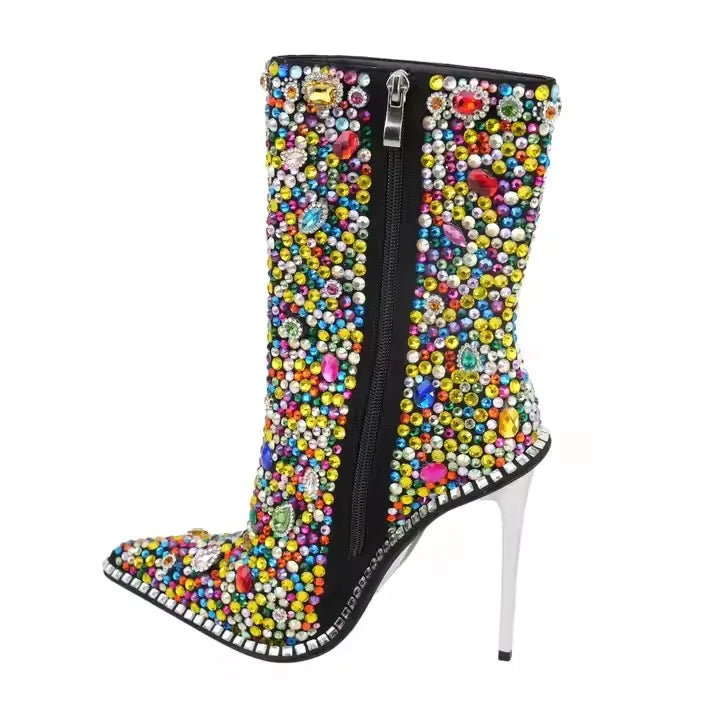 Banquet Pointed Toe Colourful Shiny Rhinestones Thin High Heels Ankle Boots