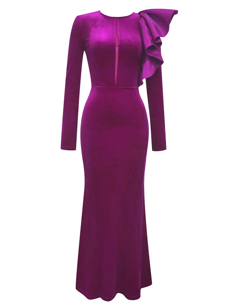 Velvet O-Neck Long Sleeve Ruffle Edge Design Maxi Dress