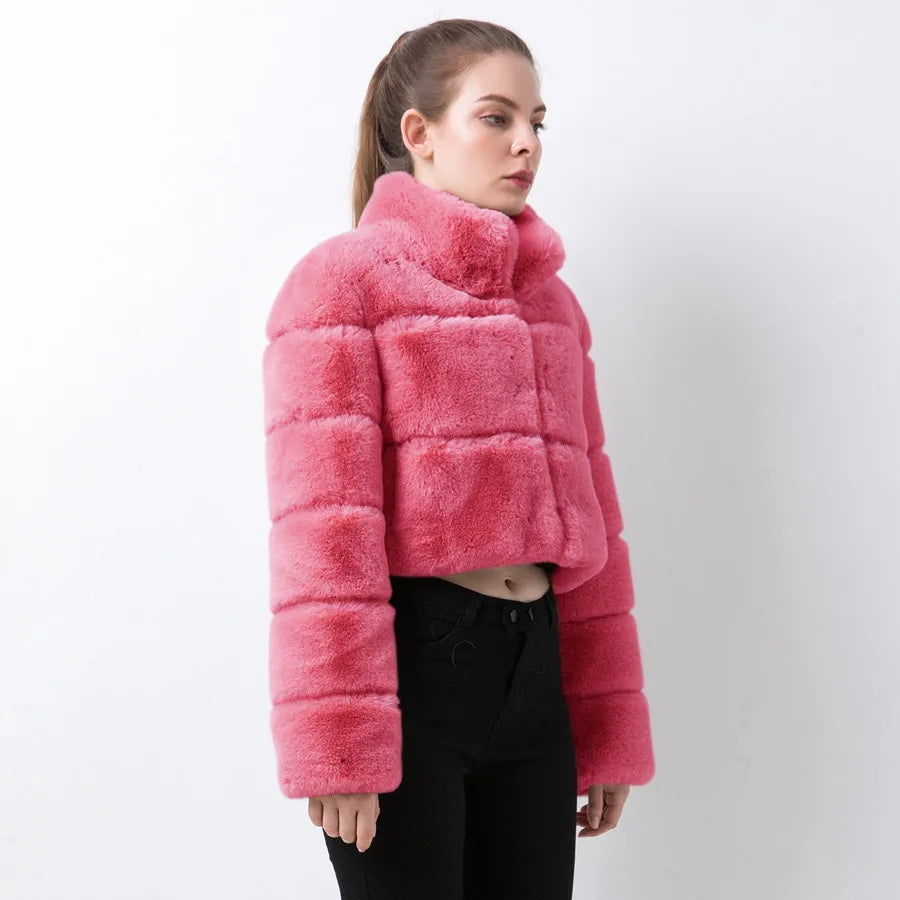 Stand Collar Covered Long Sleeve Thick Warm Faux Fur Mini Coat