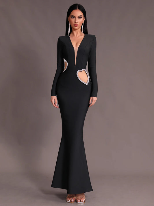 V-neck Belt Hollow Heart Diamond Mermaid Bandage Maxi Dress