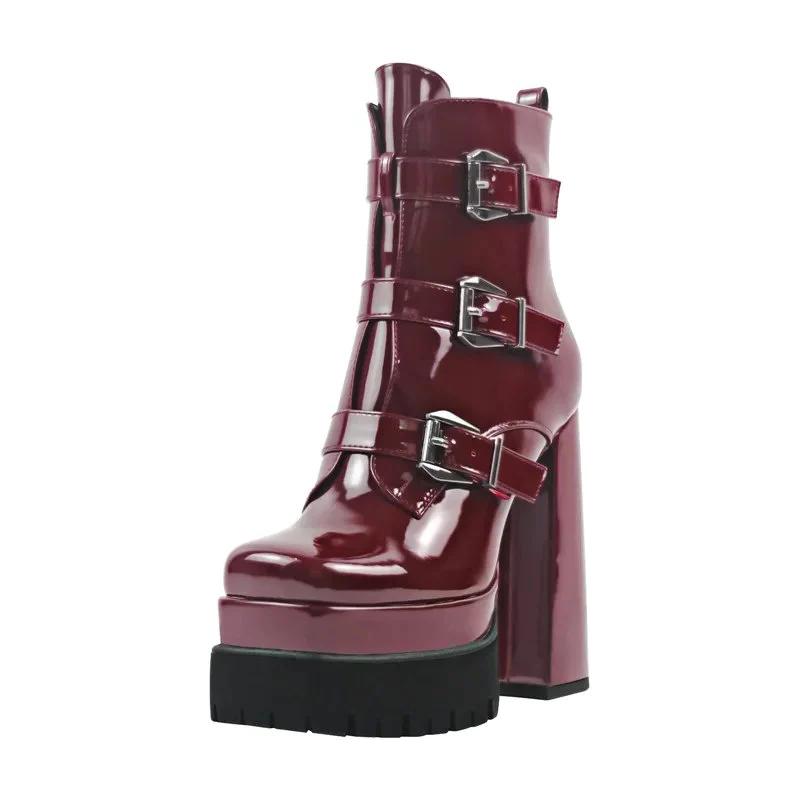 Square Toe Double Platform Strap Buckle Side Zip Patent Leather Ankle Boots