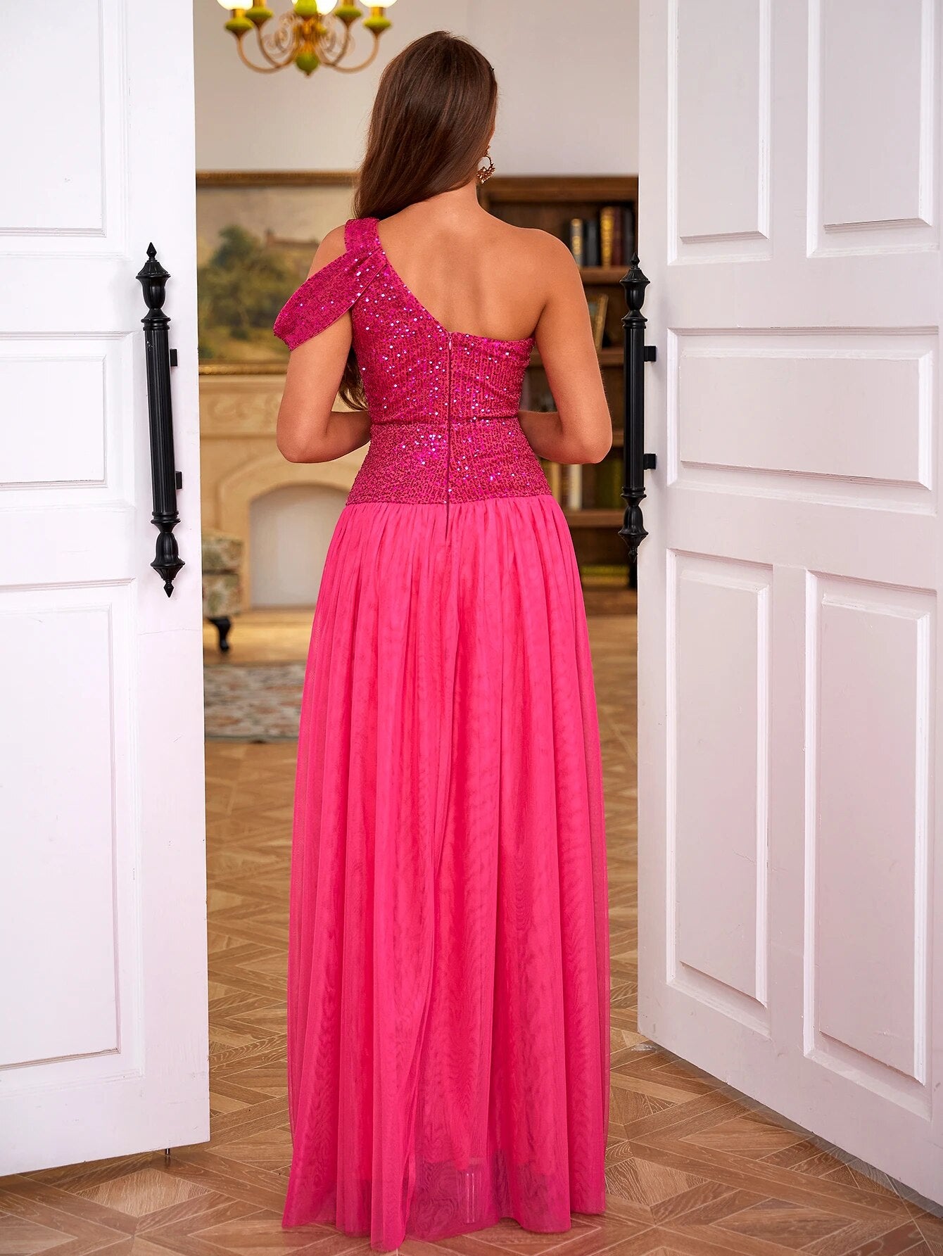 One Shoulder Cut-out Sleeveless Slim Fit Sequin Gala Flare Maxi Dress